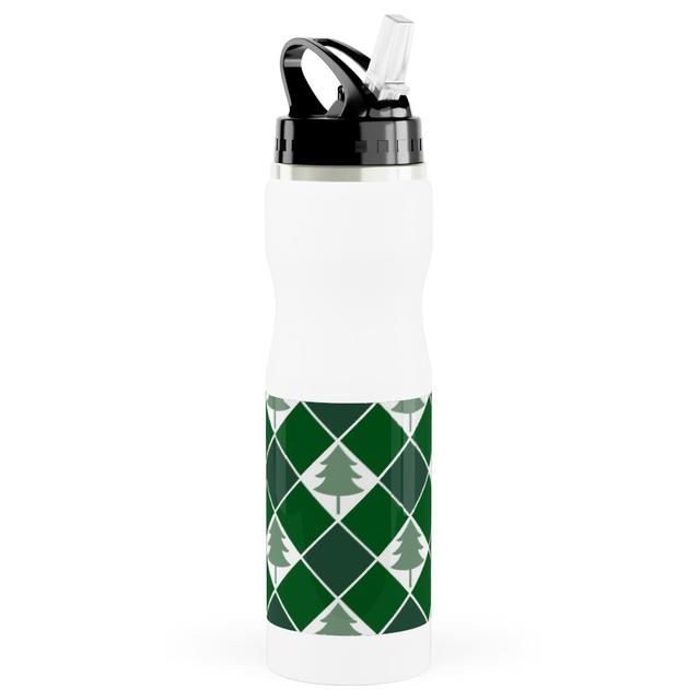 Photo Water Bottle with Straw: Christmas Tree Checkers - Green, Stainless Steel, 25oz, Green, Classic Green