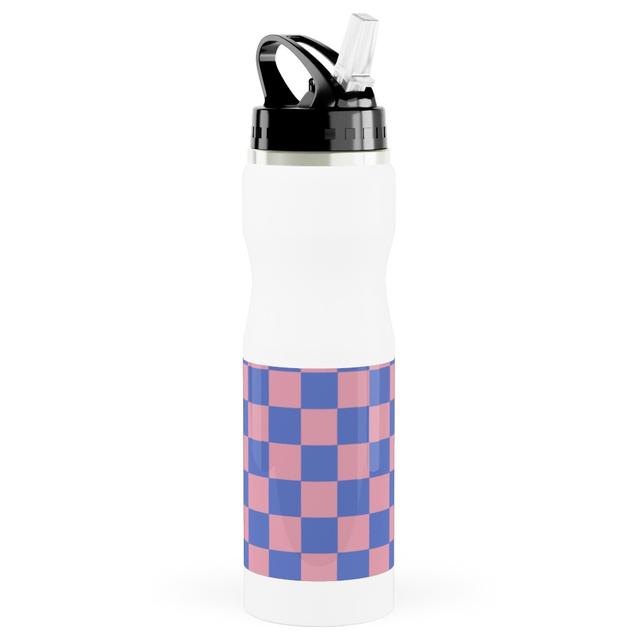Photo Water Bottle with Straw: Fun Checkers - Pink and Purple, Stainless Steel, 25oz, Pink, Bright Pink