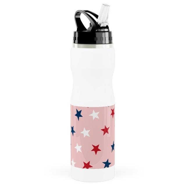 Photo Water Bottle with Straw: Patriotic Stars, Stainless Steel, 25oz, Pink, Bright Pink