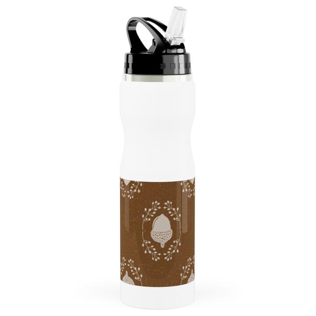 Photo Water Bottle with Straw: Autumn Acorn Rosehip Textured Damask, Stainless Steel, 25oz, Brown, Sap