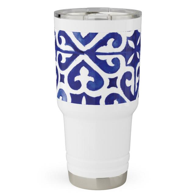 Travel Tumblers: Lisbon Tiles Watercolor - Blue, 30oz, Blue, True Blue