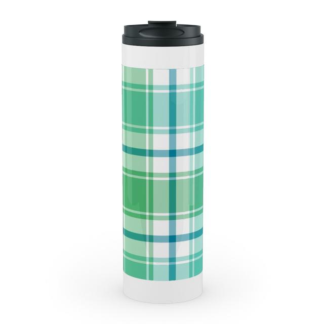 Travel Mugs: Blue, Green, Turquoise, and White Plaid Stainless Mug, White, 20oz, Green, Classi