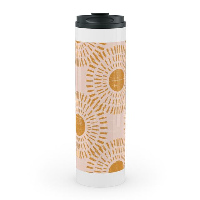 Travel Mugs: Sunburst - Pale Pink and Burnt Orange Stainless Mug, White, 20oz, Pink, Brigh
