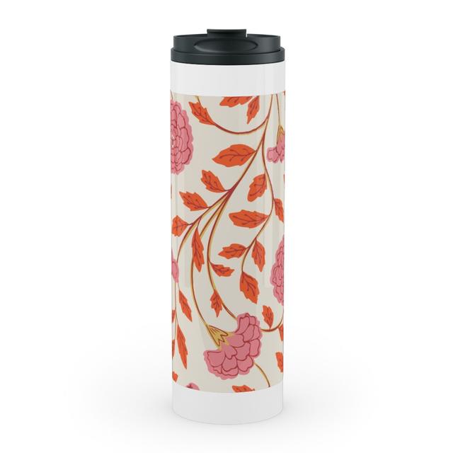 Travel Mugs: Naisha's Garden Stainless Mug, White, 20oz, Pink, Brigh