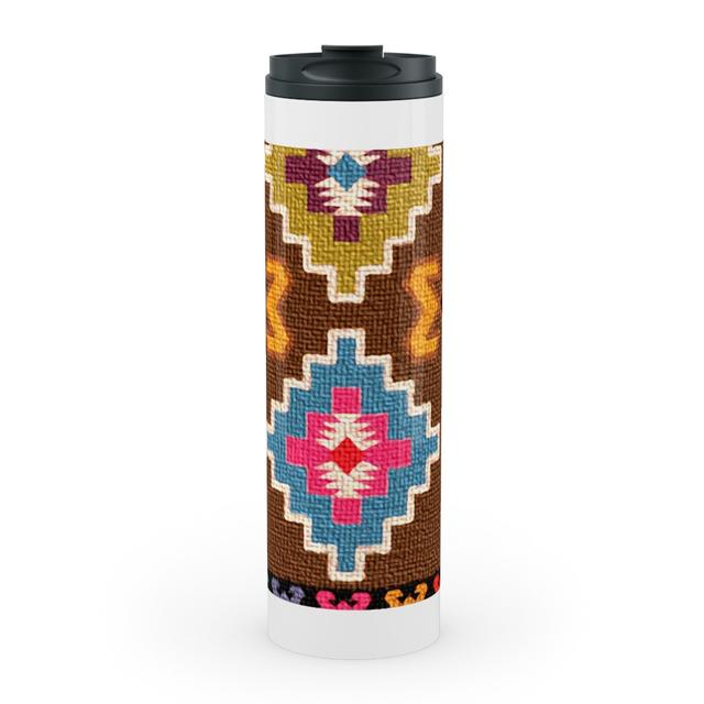 Travel Mugs: Kilim - Brown Stainless Mug, White, 20oz, Multicolor