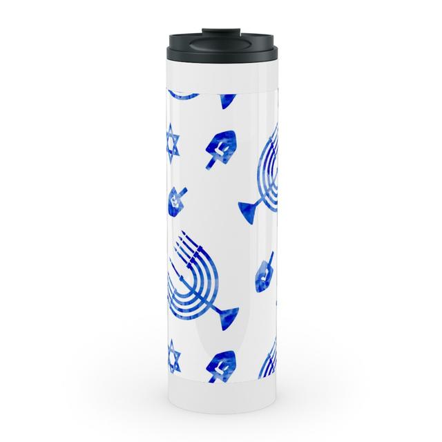 Travel Mugs: Watercolor Hanukkah Menorah, Dreidel, Star of David - Blue Stainless Mug, White, 20oz, Blue, Tru