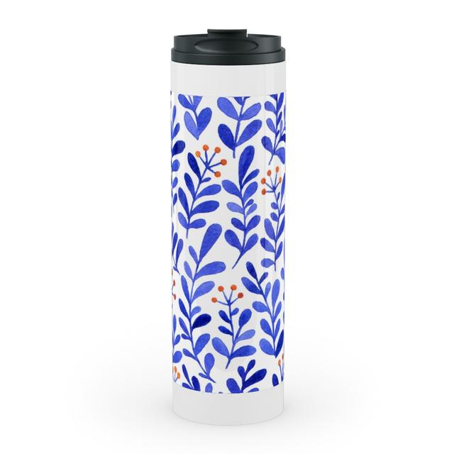 Travel Mugs: Leaves - Blue Stainless Mug, White, 20oz, Blue, Tru