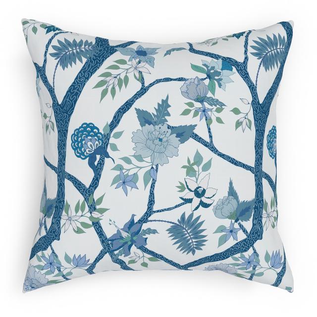 Woven Pillows: Peony Branch Mural - Blue and Green, White, 18x18, Double Sided, Blue, True Blue