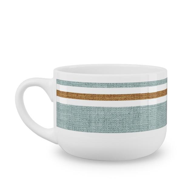 White Latte Mugs: Stripes, Magnolia Flowers Coordinate - Rust on Blue, 25oz, Classic Green