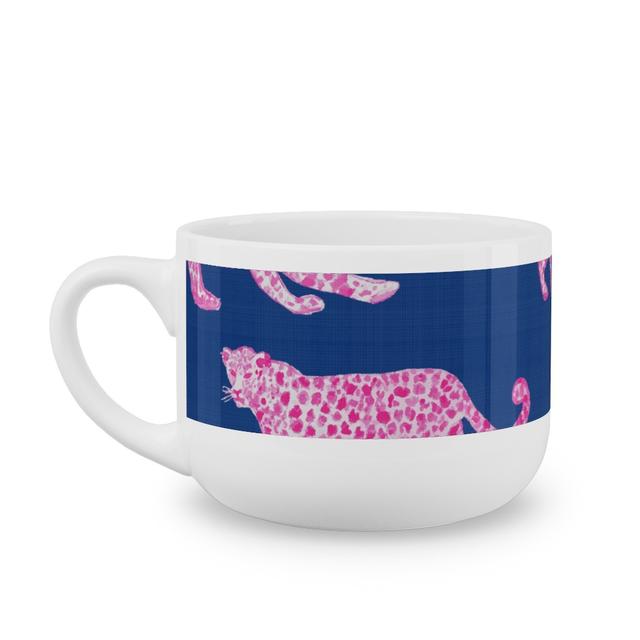 White Latte Mugs: Leopard Parade, 25oz, Royal