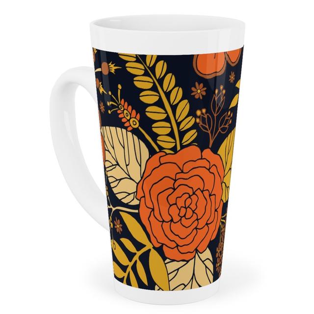 Mugs: Retro Floral - Orange Brown and Yellow Tall Latte Mug, 17oz, Orange
