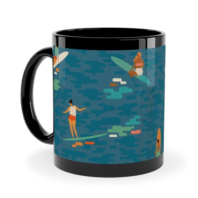 Black Ceramic Mugs: Surf Goddess - Multicolor Ceramic, 11oz, True Blue