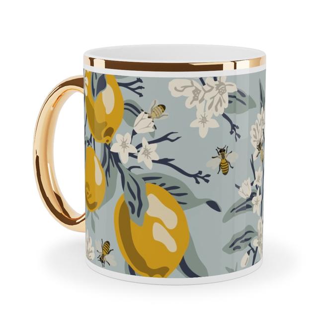 Gold Metallic Mugs: Bees, Blossoms & Lemons - Blue Mug, Gold Handle, 11oz, Blue, True Blue
