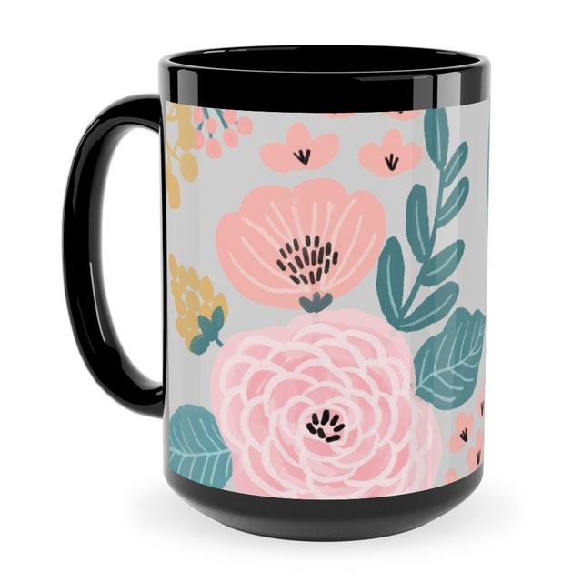 Black Photo Mugs: June Botanicals - Gray Ceramic Mug, Black, 15oz, Pink, Bright Pink
