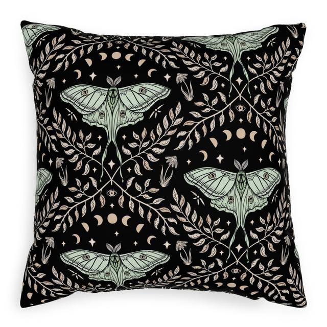 Woven Pillows: Luna Moths Damask With Moon Phases - Black, 20x20, Single Sided, Multicolor