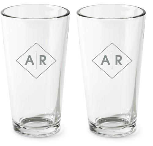 Etched Pint Glasses: Monogram Diamond, Set of 2, White
