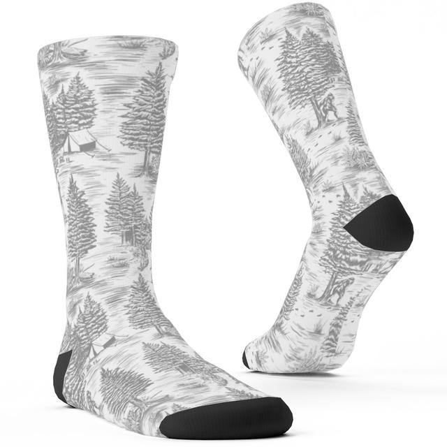 Custom Socks: Bigfoot Sasquatch Toile De Jouy, Gray, Fog