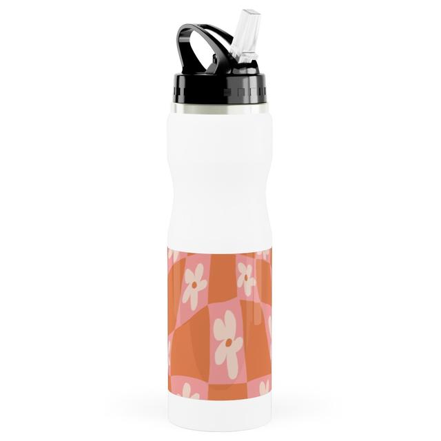 Photo Water Bottle with Straw: Trippy Chamomile - Floral - Orange and Pink, Stainless Steel, 25oz, Orange