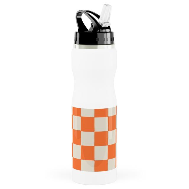 Photo Water Bottle with Straw: Retro Checkerboard - Bright Orange, Stainless Steel, 25oz, Orange