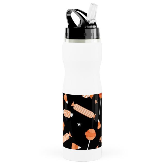 Photo Water Bottle with Straw: Halloween Candy - Orange and Black, Stainless Steel, 25oz, Black