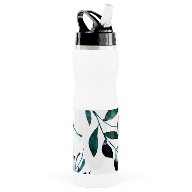 Photo Water Bottle with Straw: Leaves Nature Botanical Prints, Stainless Steel, 25oz, Green, Tidal Wave