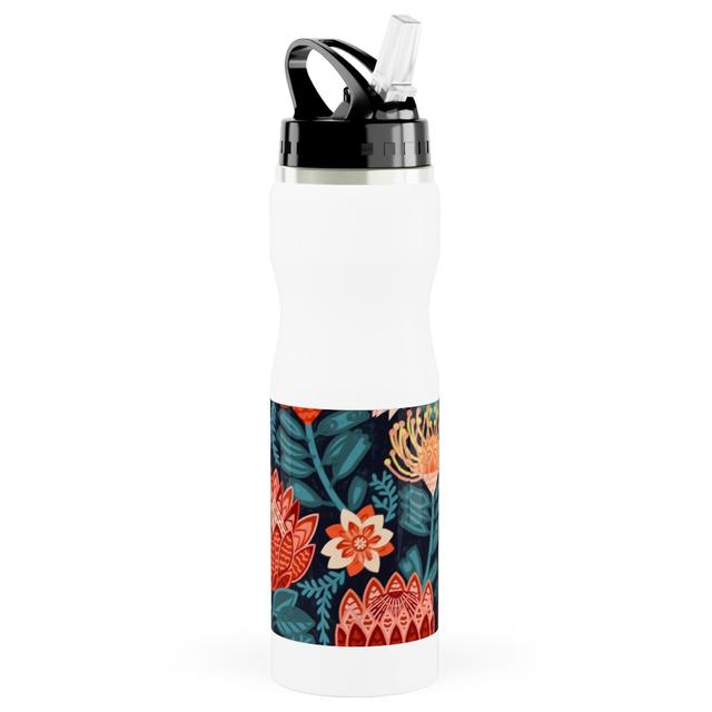 Photo Water Bottle with Straw: Protea Chintz - Navy, Stainless Steel, 25oz, Multicolor