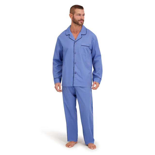 Hanes Men's Pajama Set, Notch Collar, Woven Cotton Blend Medium Solid Blue XL