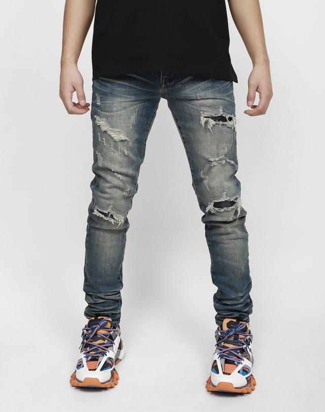 Distressed Whiskey Faded Skinny Denim w/ Leather
