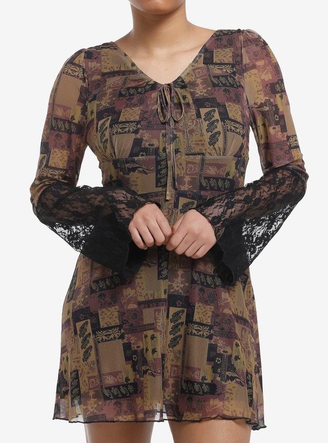 Brown Paisley Patchwork Bell Sleeve Dress