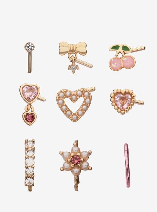 Steel Gold Cherries &amp; Hearts Nose Stud &amp; Hoop 9 Pack