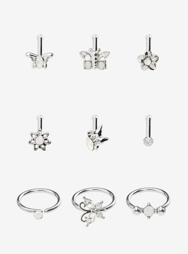 Steel Butterfly Flower Opal Nose Stud &amp; Hoop Set