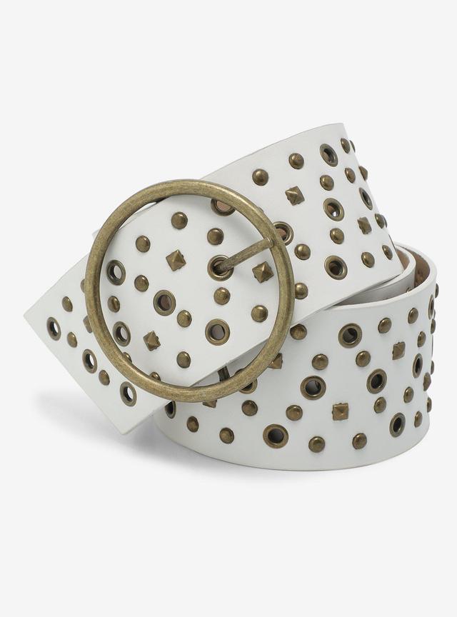White Leather Waist Belt with Gold Grommets - Punk Fashion