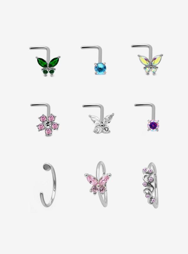 Steel Butterfly Bling Nose Stud &amp; Hoop 9 Pack