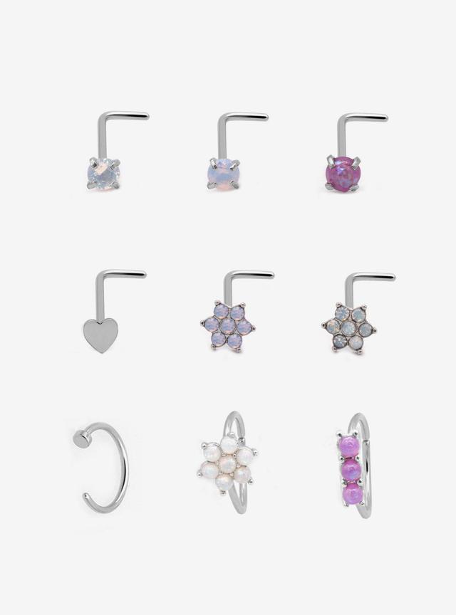 Steel Purple Flower Nose Stud &amp; Hoop 9 Pack