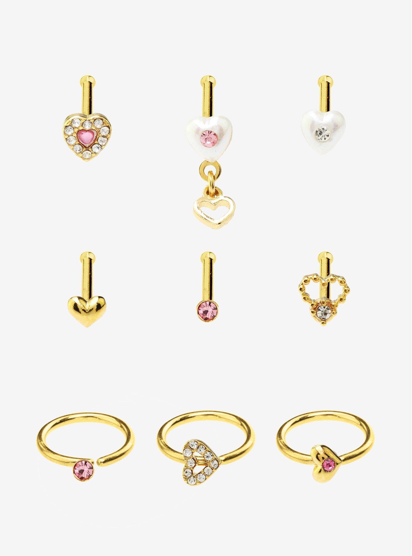 Steel Gold Heart Gem Nose Stud &amp; Hoop 9 Pack