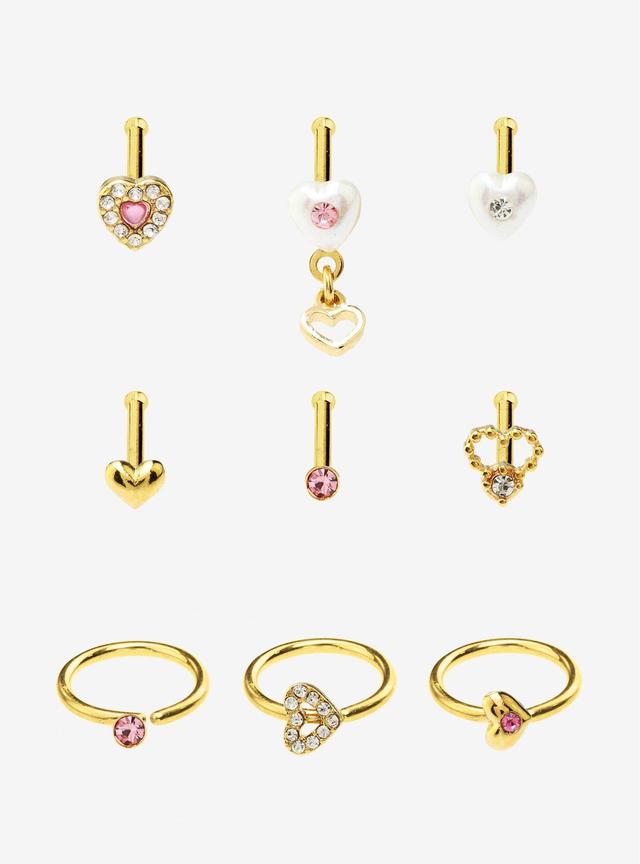 Steel Gold Heart Gem Nose Stud &amp; Hoop 9 Pack
