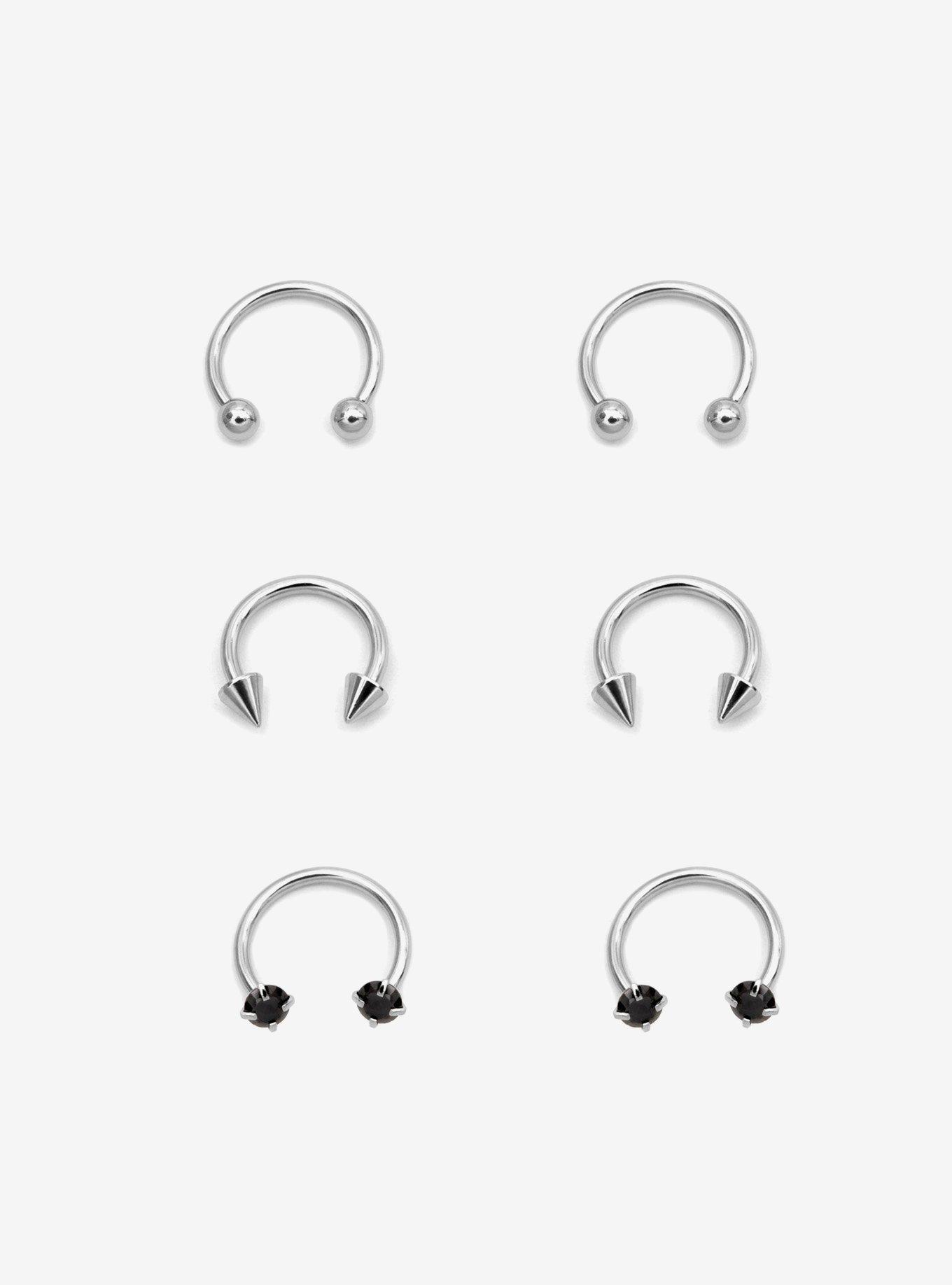 Steel Silver Spike &amp; Black Gem Curved Barbell 6 Pack