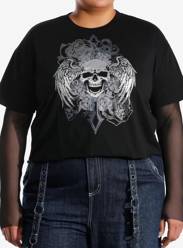 Social Collision Winged Skull & Rose Rhinestone Girls Twofer Long-Sleeve Top Plus Size