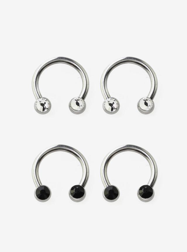 Steel Silver Black &amp; Clear CZ Gem Circular Barbell 4 Pack