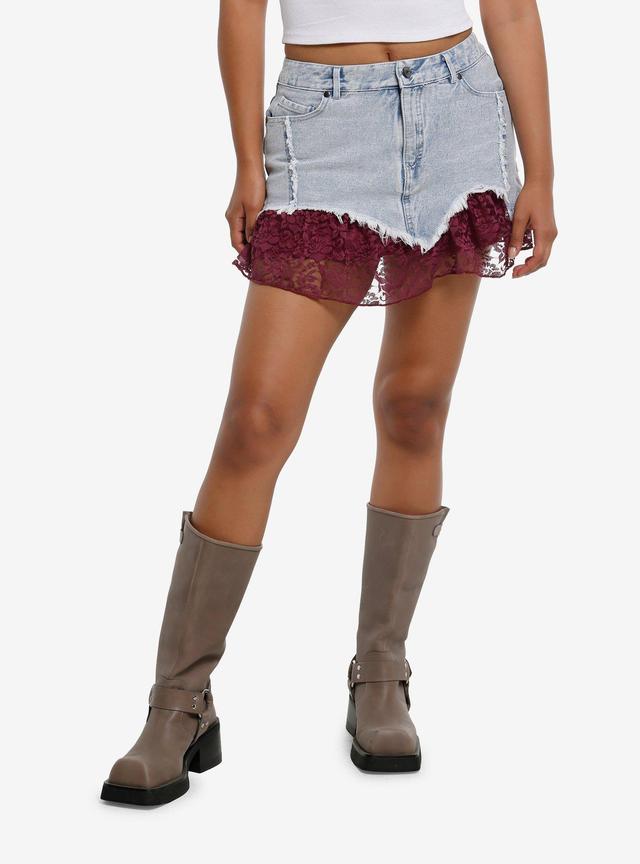 Social Collision Light Wash Denim &amp; Purple Lace Mini Skirt