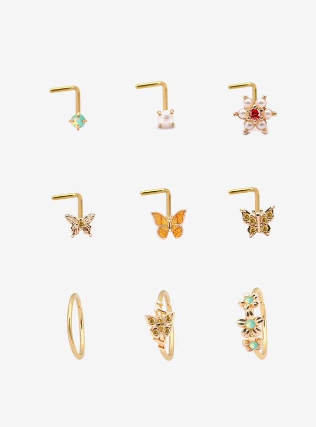 Steel Gold Orange &amp; Yellow Butterfly Nose Stud &amp; Hoop 9 Pack