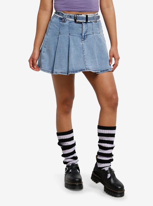 Social Collision Light Indigo Belted Pleated Mini Skirt