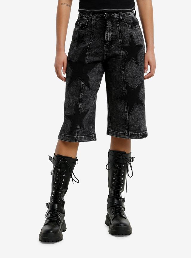 Faded Black Star Girls Long Denim Shorts