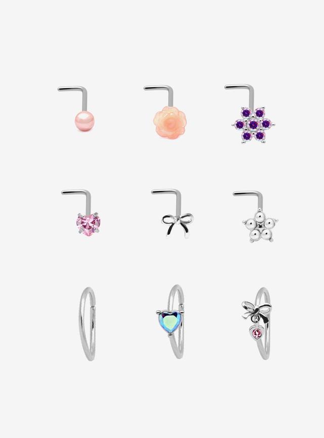Steel Heart Bow Flower Nose Stud &amp; Hoop 9 Pack