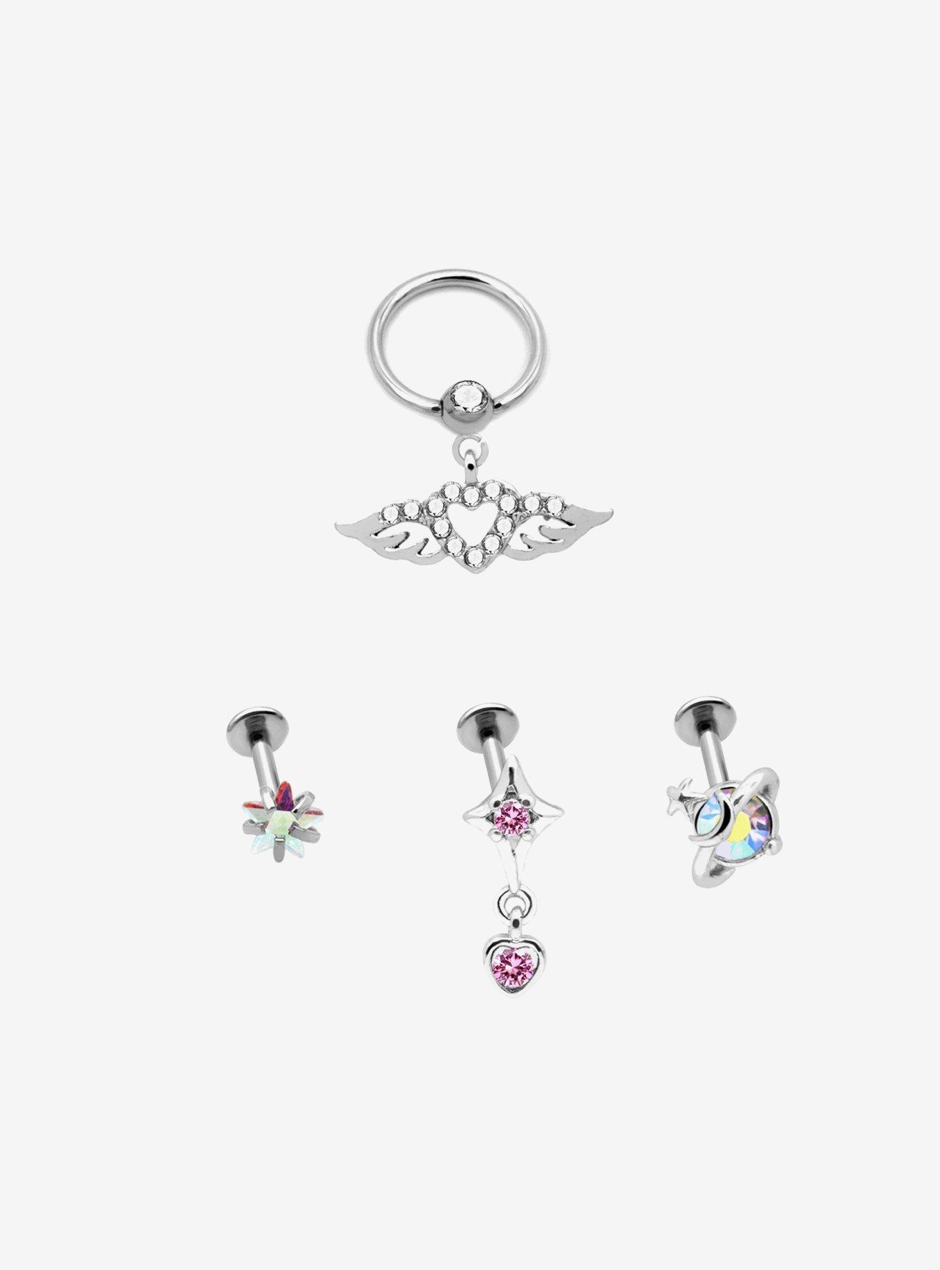 18G Steel Celestial Heart Wings Labret Stud & Hoop 4 Pack