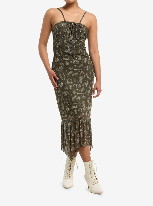 Cosmic Aura Olive Animal Skeleton Mesh Hanky Hem Midaxi Dress