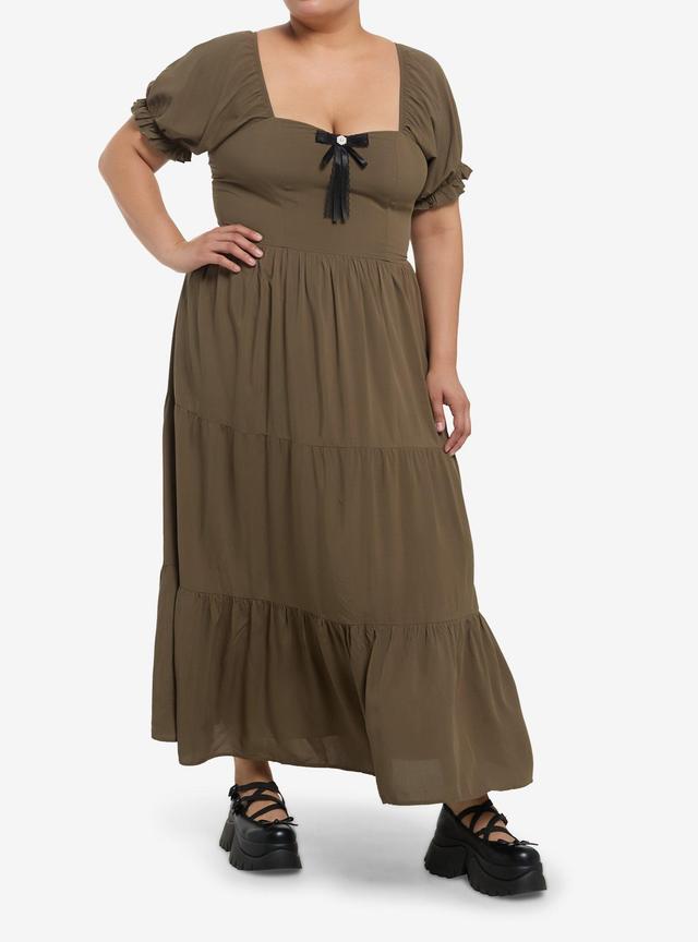 Olive Green Pearl Bow Puff Sleeve Maxi Dress Plus Size