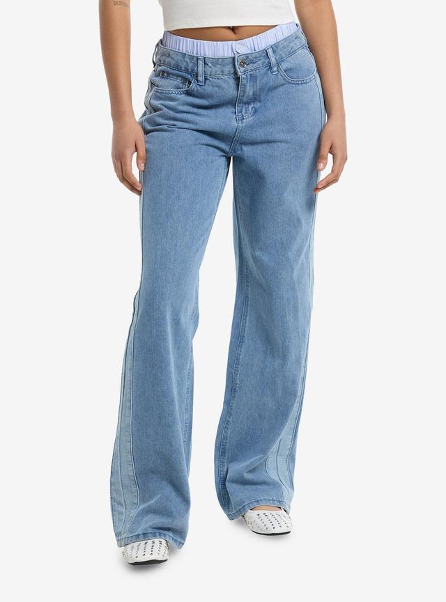 Light Indigo Faux Boxers Color Block Girls Wide Leg Jeans