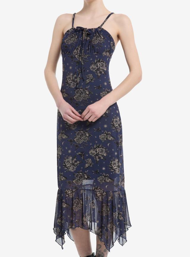 Cosmic Aura Blue Rose Butterfly Hanky Hem Midaxi Dress