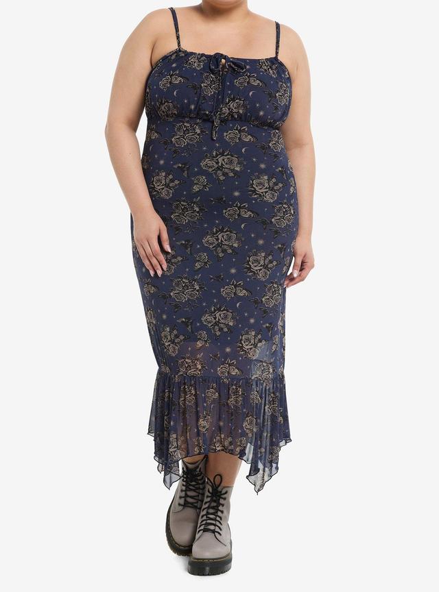 Cosmic Aura Blue Rose Butterfly Hanky Hem Midaxi Dress Plus Size